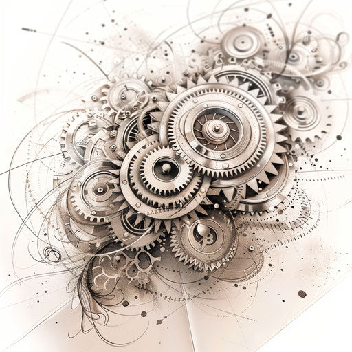 Abstract mechanical tattoo design with swirling gears and metallic shades, presented on a white background.