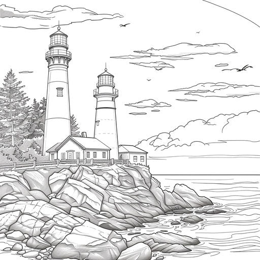 Lighthouse at dusk on rocky coastline