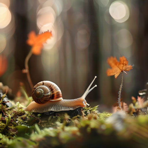 Snail with extended antennae in a forest in the style of Vincent Munier