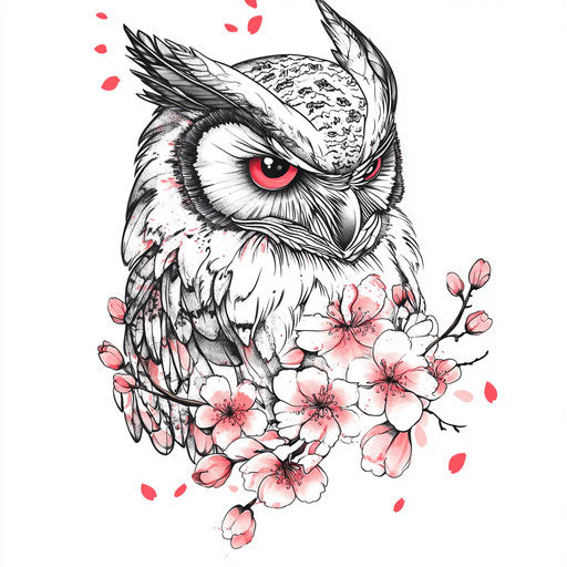 Owl neck tattoo Japanese style cherry blossoms white background
