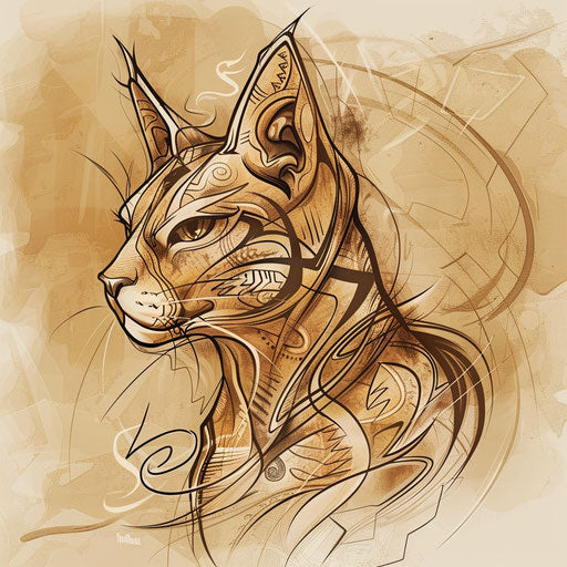 Mystical tattoo sketch of a cat with tribal markings
