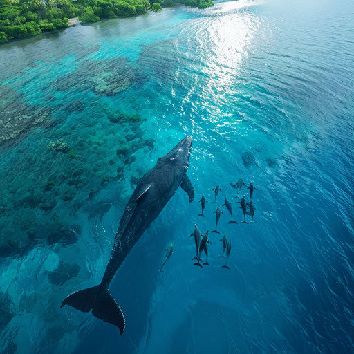Blue whale swimming with dolphins in turquoise waters