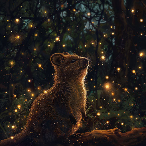 Quokka gazing at the night sky, surrounded by fireflies in an enchanted forest