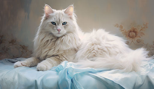 White cat on bed, dark gold and light blue style