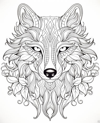 Black and white drawing of a wolf head with intricate motifs