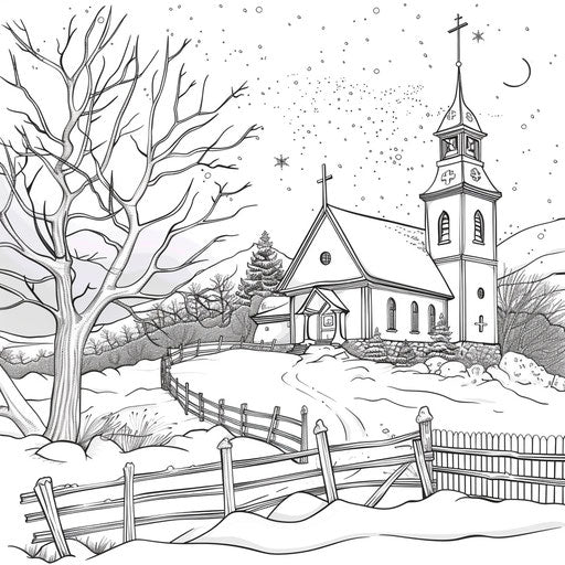 Snow-covered church in a peaceful winter landscape