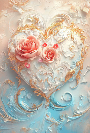 My love | 3D heart with roses and swirls on a pastel background