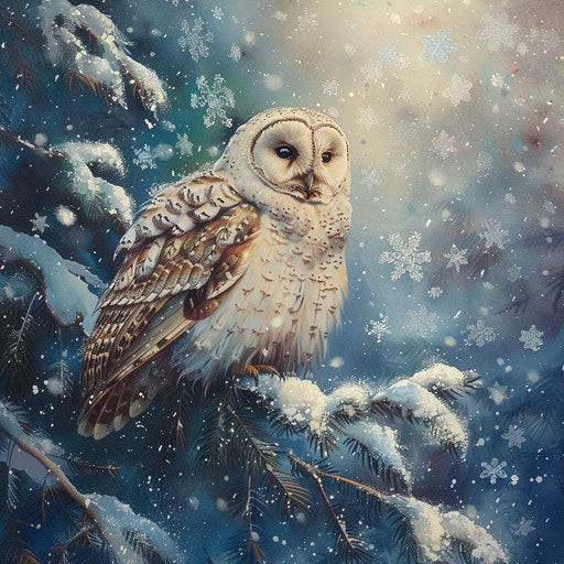 White owl perched on snow-covered branch