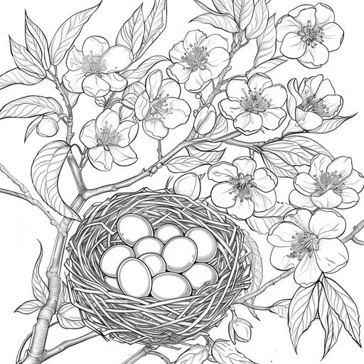 Bird's nest with eggs in a blossoming tree