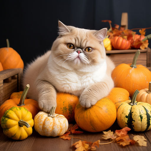 Exotic shorthair cat resting with pumpkins