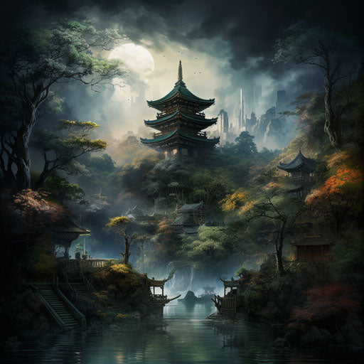 Mediterranean pagoda surrounded by trees and water