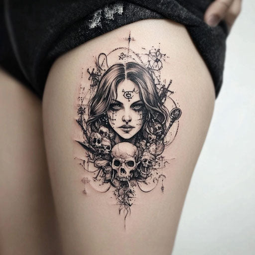 Black and grey tattoo with pirate motifs, in the style of Sailor Jerry