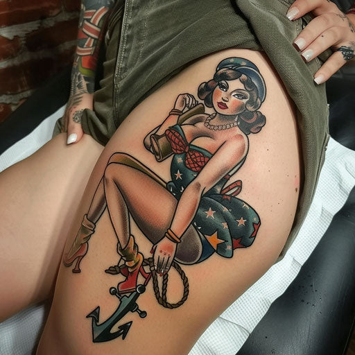 Thigh tattoo with classic pin-up girls and anchors