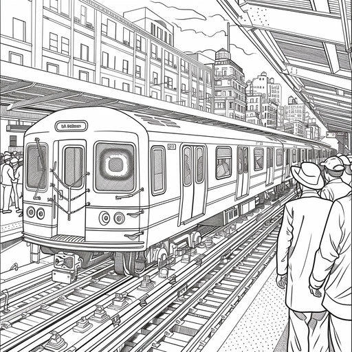 Train arriving at a bustling station with people waiting. Coloring book page