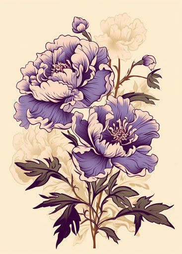 Peony flower on a beige background in purple for tattoo design, ukiyo-e style, eerie symbolism 23:32
