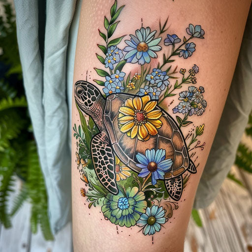 Wildflower tattoo with turtle, oceanic theme, soft greens and blues, serene design
