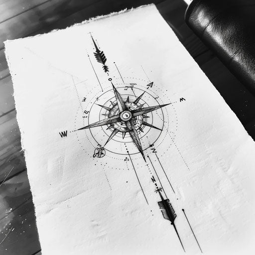 Elegant geometric compass rose with arrows and circles on white paper