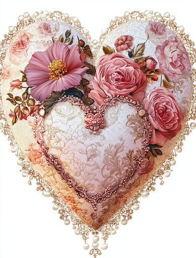 Valentine's heart with lace and beads, floral elements, and pearls on a white background, in the style of Hans Zatzka and Michelangelo, clipart.