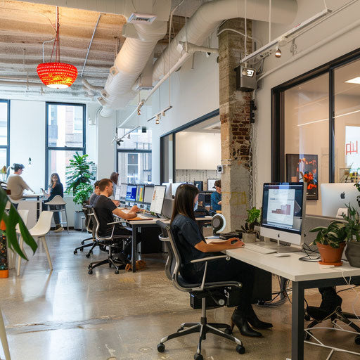 Collaborative office space with shared desks and friendly vibe