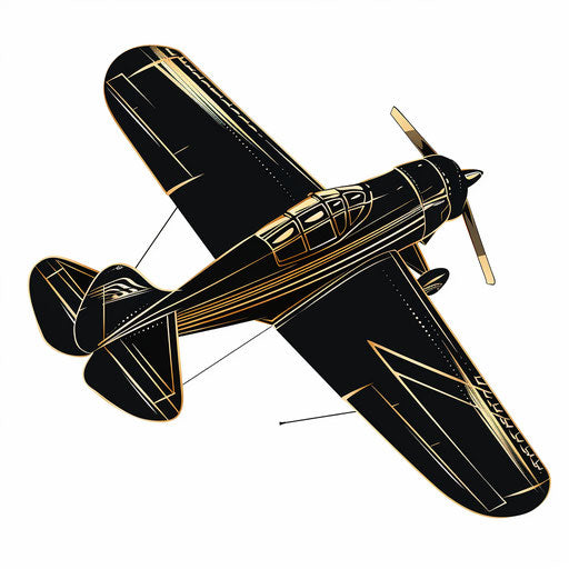 Stylized flat tattoo sketch of an art deco plane in black and gold