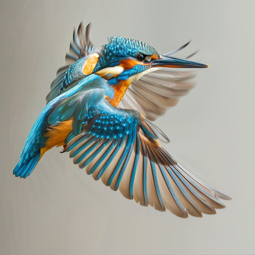 Kingfisher captured in mid-flight with wings spread