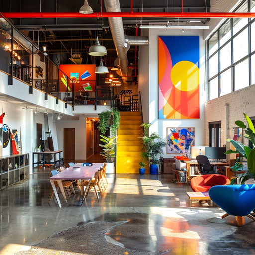 Vibrant creative agency with open workspaces and colorful accents