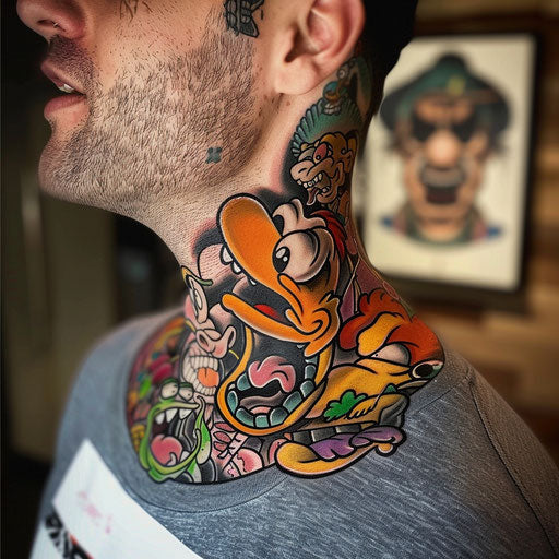 Men's neck tattoo with satirical cartoon characters, in the style of Steve Sack