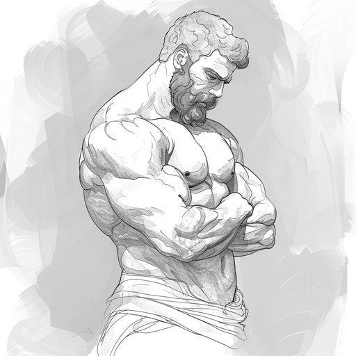 Simplified black line tattoo sketch of Hercules, clipart style with subtle watercolor backgrounds