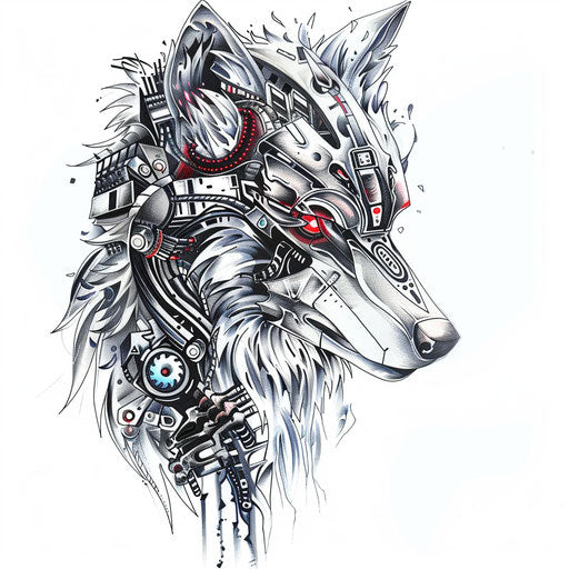 Mechanical wolf tattoo design with steel fur and red laser eyes