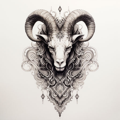 Ornate goat head in ink drawing