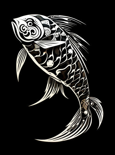 Black and white tribal fish motif, fluid gestures, Tongan art
