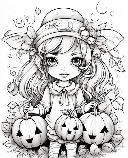 Halloween girl with apples and pumpkins coloring page