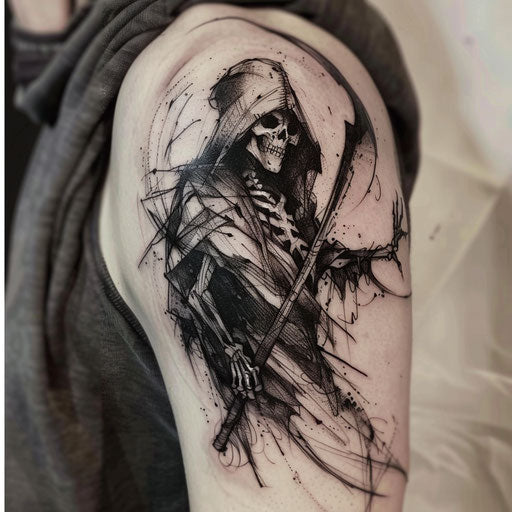 Intense blackwork reaper tattoo with innovative designs