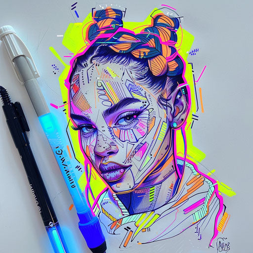 Dynamic Flat Tattoo Sketch of Neda Tattoo with Action Lines and Vibrant Neon Colors