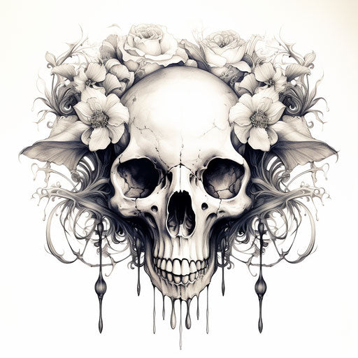 Skull with leaves and flowers, baroque style, majestic elephants