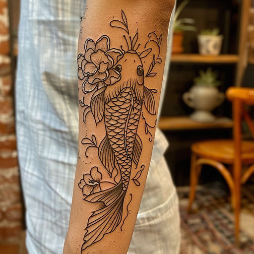 Outlined koi fish tattoo, Ed Hardy style