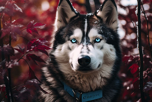 Emotional portrait of a Siberian Husky in the woods