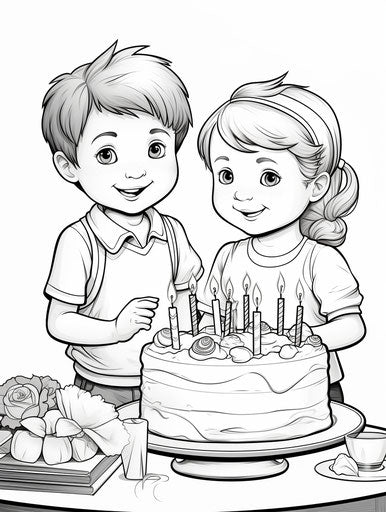 Coloring pages of children with a birthday cake