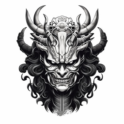 Samurai head in black and white, strong linear style