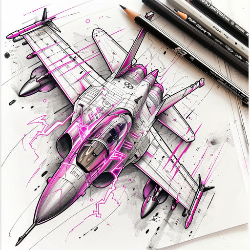 Bold neon tattoo sketch of a fighter jet with lightning bolts
