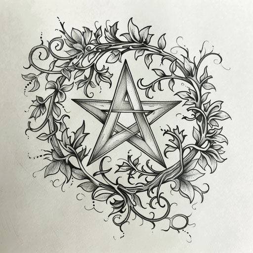 Sketch of a mystical pentagram with vines, detailed and bold