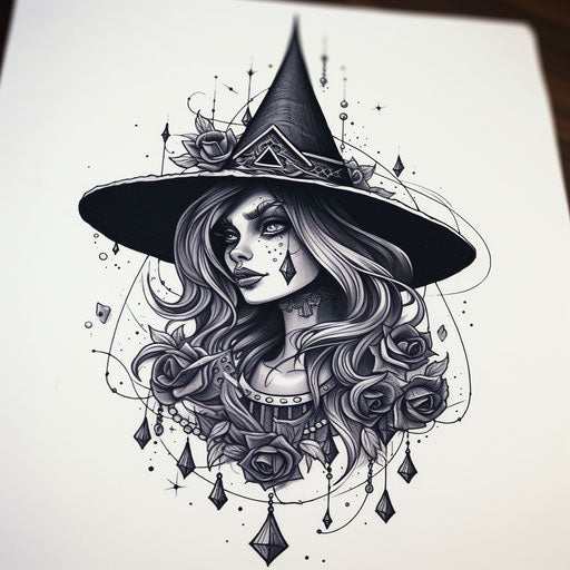 Witch tattoo ideas and designs in art, in the style of expressive line drawings, dark white and gray, witchcore