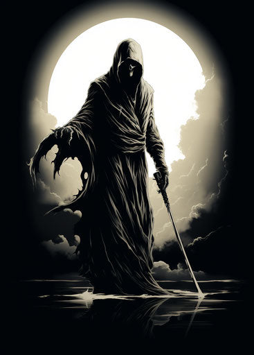 Black and white illustration of a grim character with a scythe