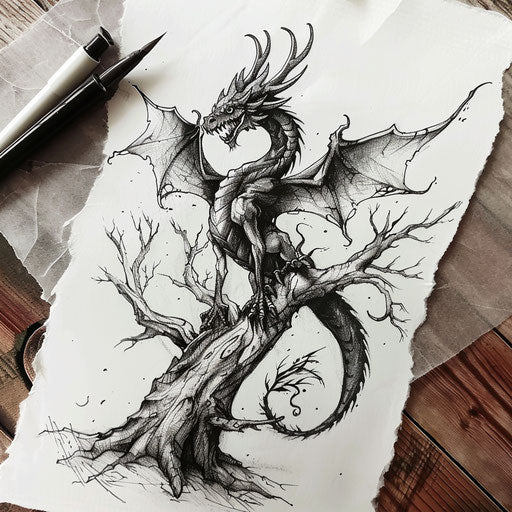 Rustic flat tattoo sketch of a black dragon on an ancient tree