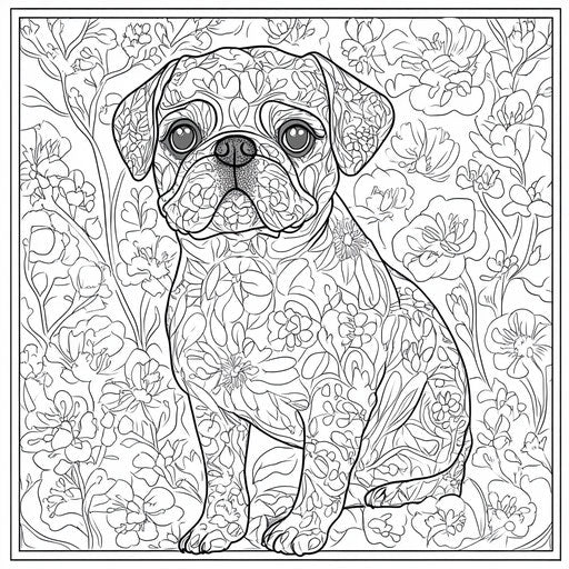 Pug with intricate floral patterns, in the style of Edward Julius Detmold, Coloring book page