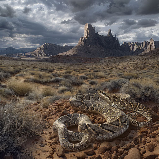 Rattlesnake against rugged mountains backdrop