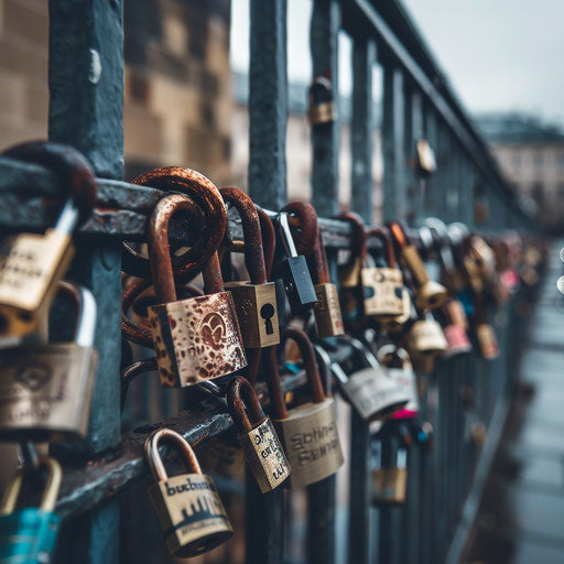 Locks on the gate of a bridge