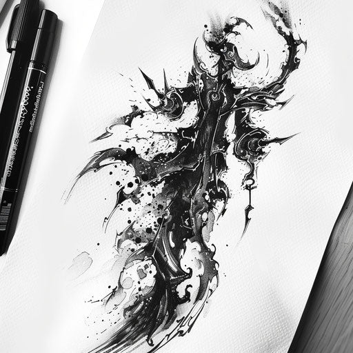 Dynamic flat tattoo sketch of a shinigami descending from a cloud of ink