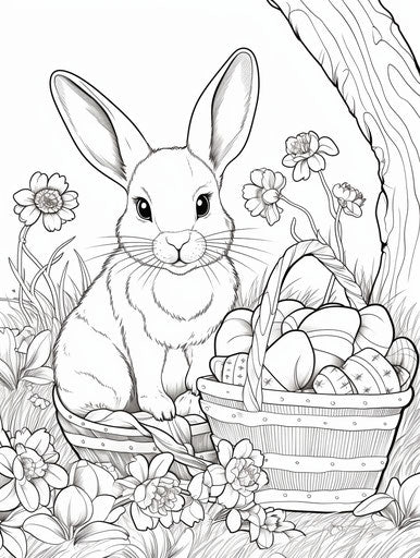 Coloring pages for an Easter bunny basket, Miki Asai style