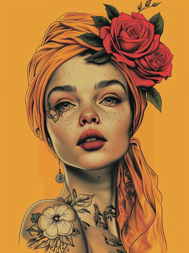 Young girl with rose turban, yellow and bronze style, Frahm art